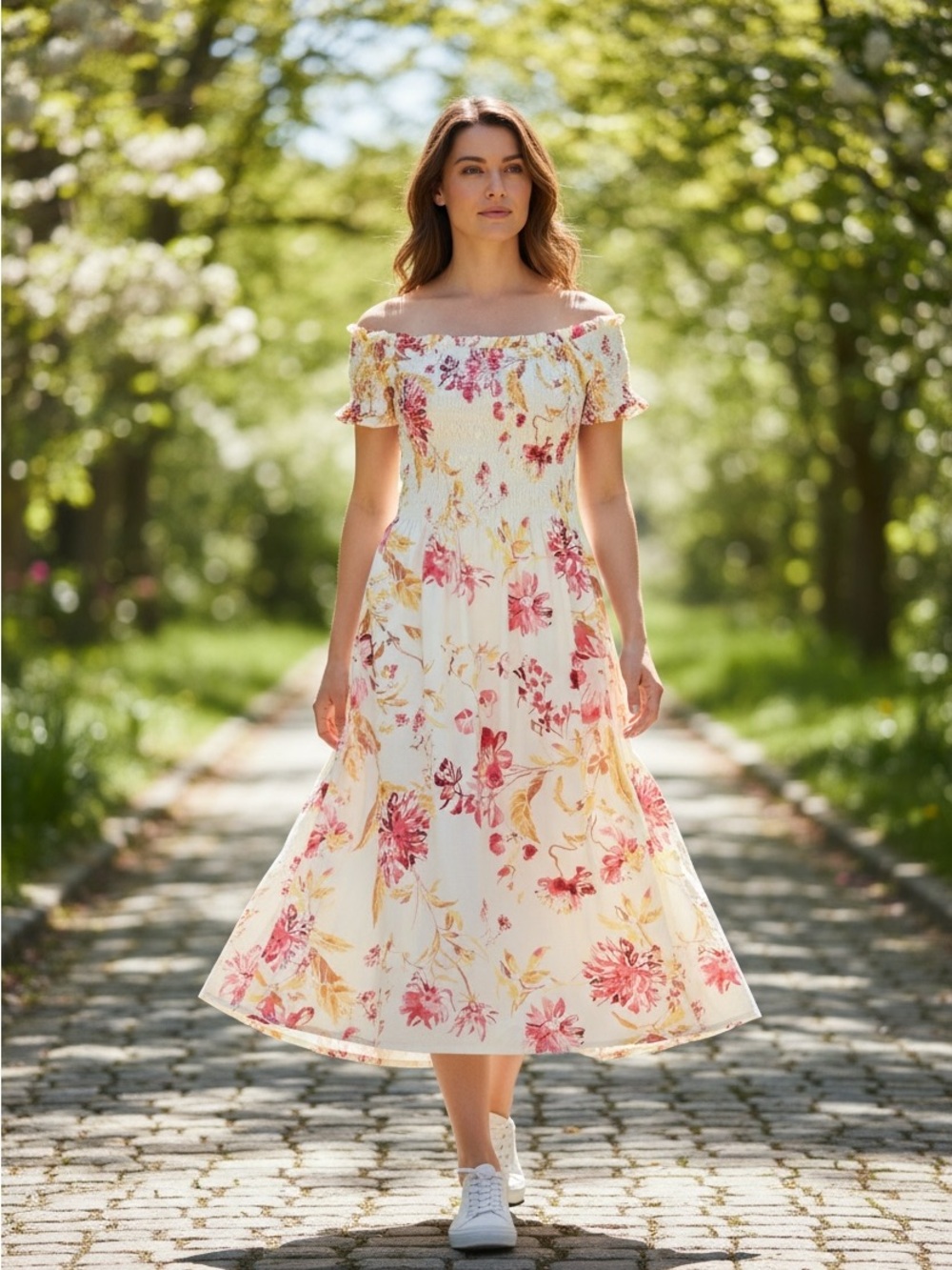🎉H&M Cream Maxi Dress |Pink & Yellow Floral Print | Stretch Smock Off Shoulder M
